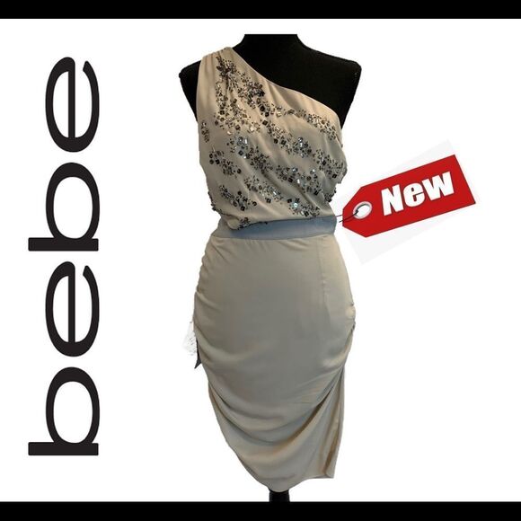 BEBE beige hand beaded one shoulder cutout ruched mini dress Sz M NWT 🔥 - Picture 1 of 11